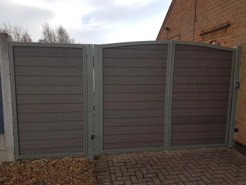 Custom fabricated composite entrance gate with grey frame