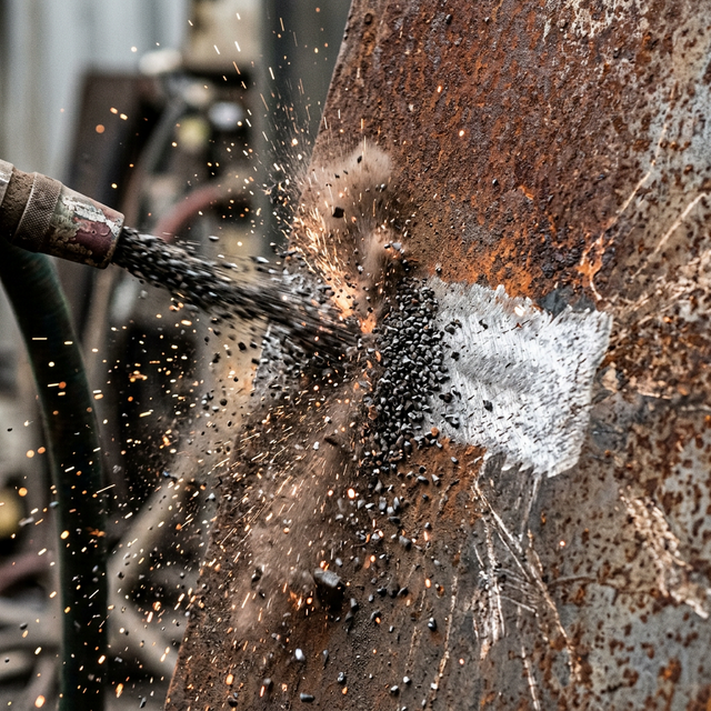 Shot blasting in progress at RPT Engineering Ltd, Somercotes